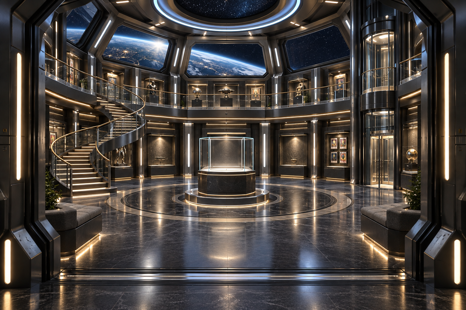 Concept of a two-story digital collector gallery with a central vault, spiral stairs, and glass elevator